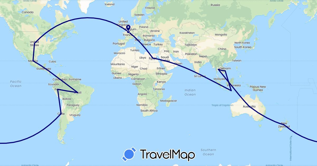 TravelMap itinerary: driving in Australia, Brazil, Chile, Egypt, France, Indonesia, Cambodia, Mexico, New Zealand, Peru, Thailand, United States, Vietnam (Africa, Asia, Europe, North America, Oceania, South America)